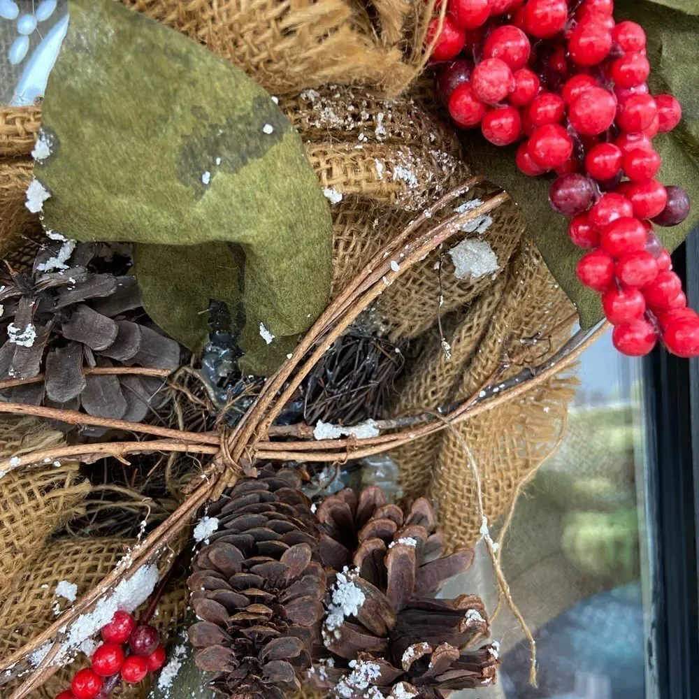 Woodland Christmas Wreath with Pinecones Burlap Twine Faux Berries FARMHOUSE 20”